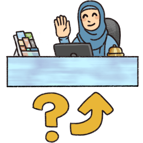 a yellow question mark and arrow pointing to a receptionist sitting at a light blue desk. The receptionist is a hijabi woman with light skin and a blue outfit, smiling and waving from her computer. There is a bell and a plastic display with pamphlets in it on the desk.